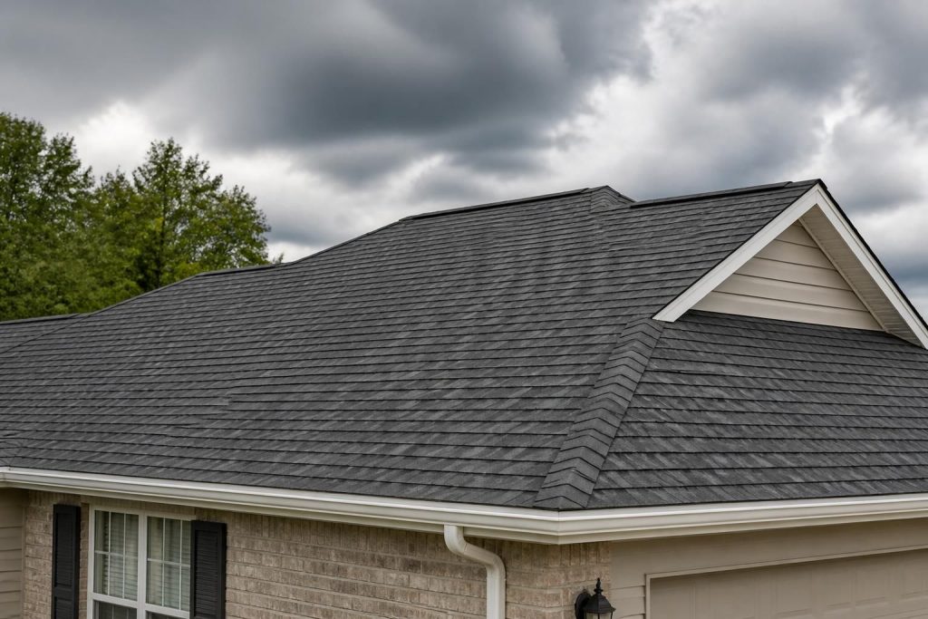 Newly repaired roof with clean shingle lines under natural daylight.